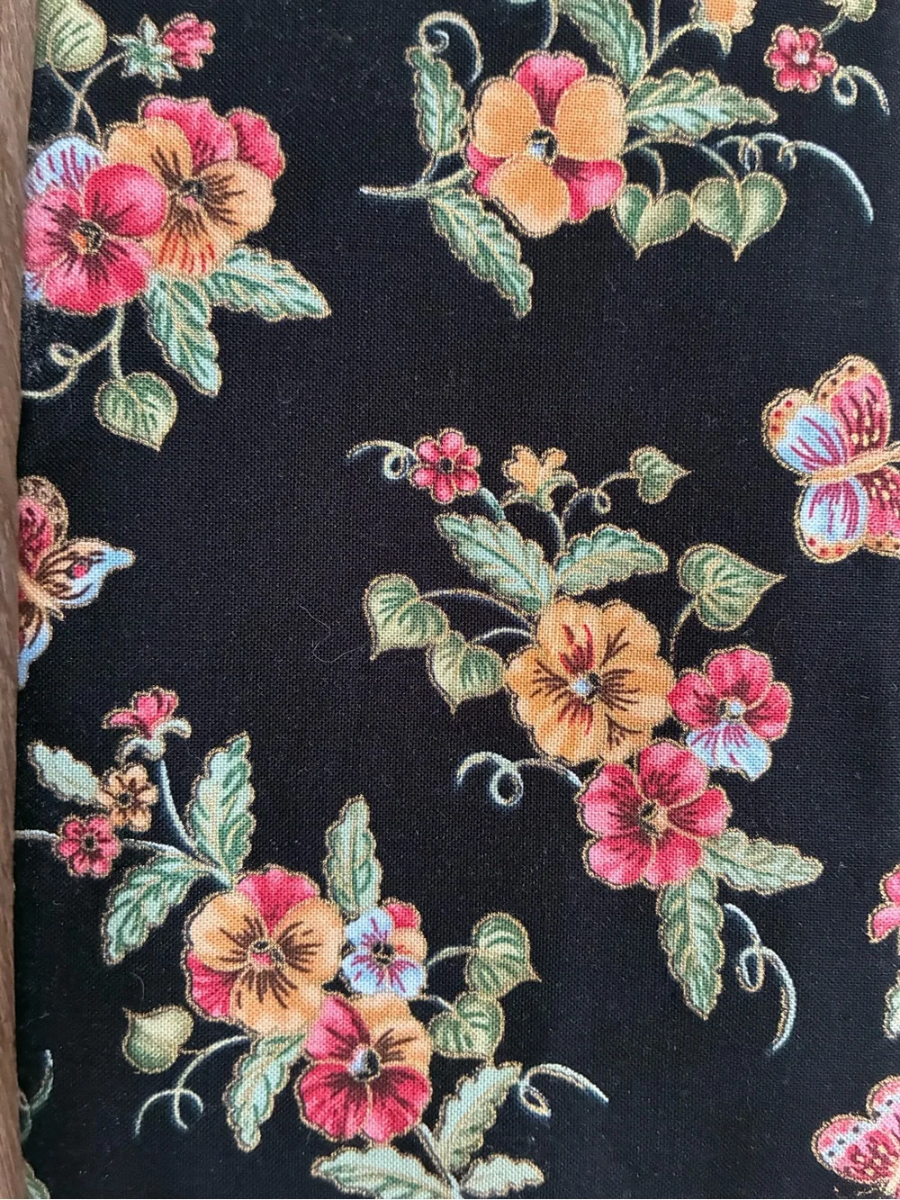 Pansies and Butterflies Gold Metallic Quilting Cotton Fabric - Quarter Yard 🦋